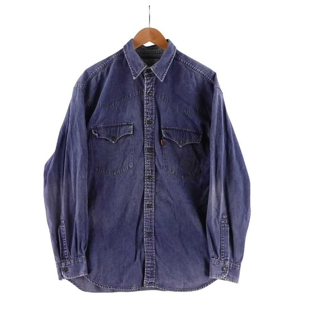 Vintage Levis Mens Large Orange Tab Western Denim Shirt Blue 60624-1157